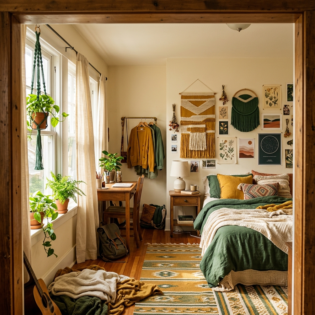 Przytulna boho sypialnia z zieloną pościelą, roślinami doniczkowymi, gitarą i dywanem w geometryczny wzór.
