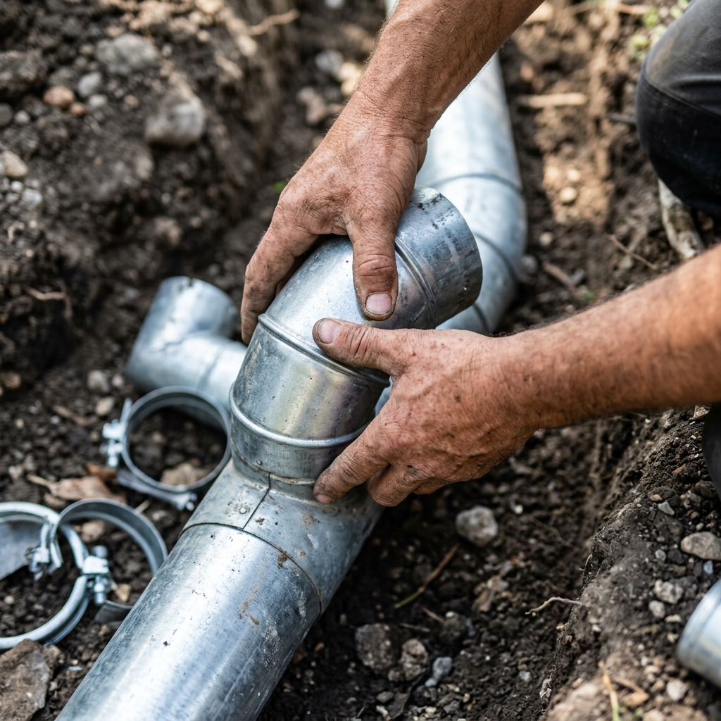 Zbliżenie dłoni robotnika montującego metalową rurę z trójnikiem w wykopanym rowie.