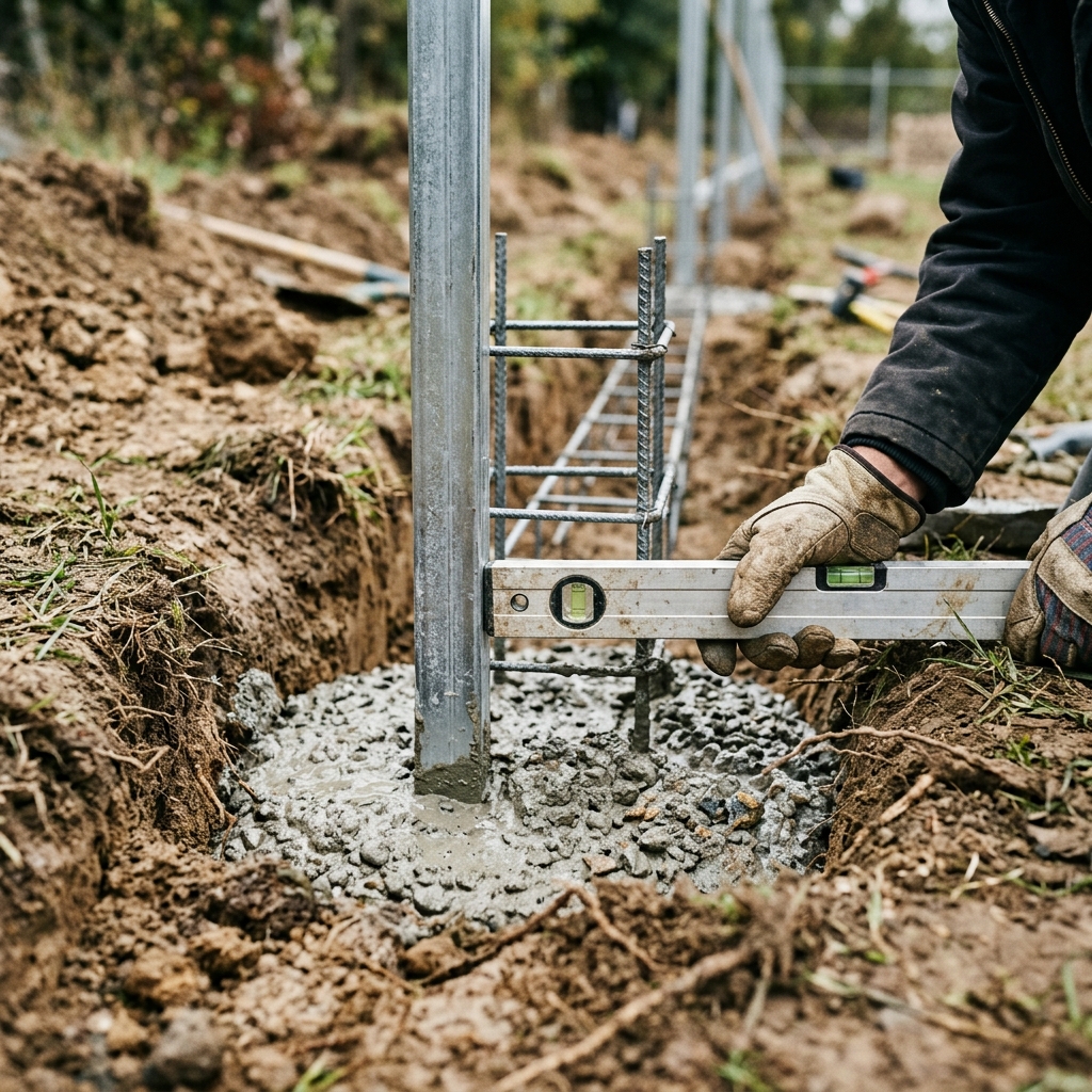 Dłonie w rękawicach roboczych trzymają poziomicę przy metalowym słupku osadzanym w betonie w wykopanym dole.