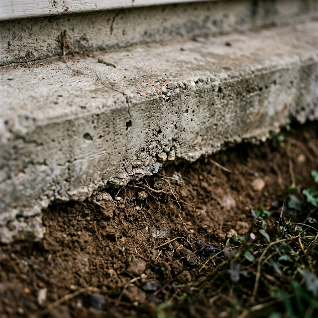 Zbliżenie betonowego stopnia domu z widoczną erozją ziemi i korzeniami pod krawędzią.