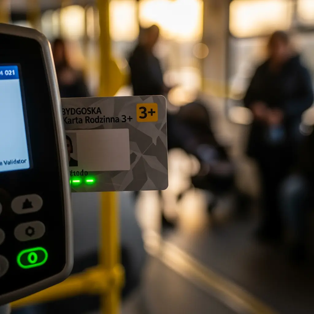 Bliskie ujęcie Bydgoskiej Karty Rodzinnej 3+ na czarnym walidatorze biletowym w autobusie, zielone diody oznaczają udane skanowanie