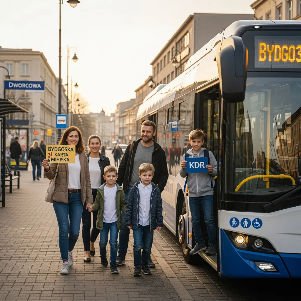 Rodzina sześcioosobowa z kartami miejskimi wsiadająca do nowoczesnego białego autobusu na brukowanym przystanku w Bydgoszczy, scena transportu publicznego