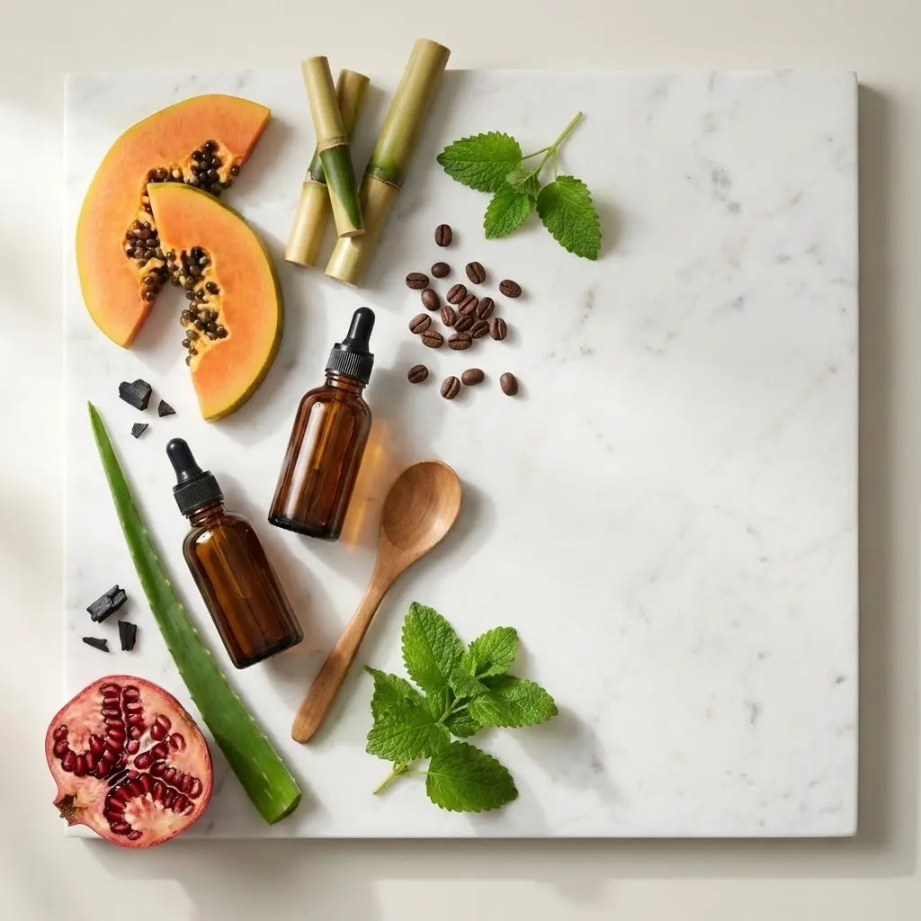 Flat lay naturalnych składników do pielęgnacji urody na białym marmurze: połówki papai, aloes, granat, mięta, bambus, ziarna kawy, węgiel, butelki kroplowe, łyżka
