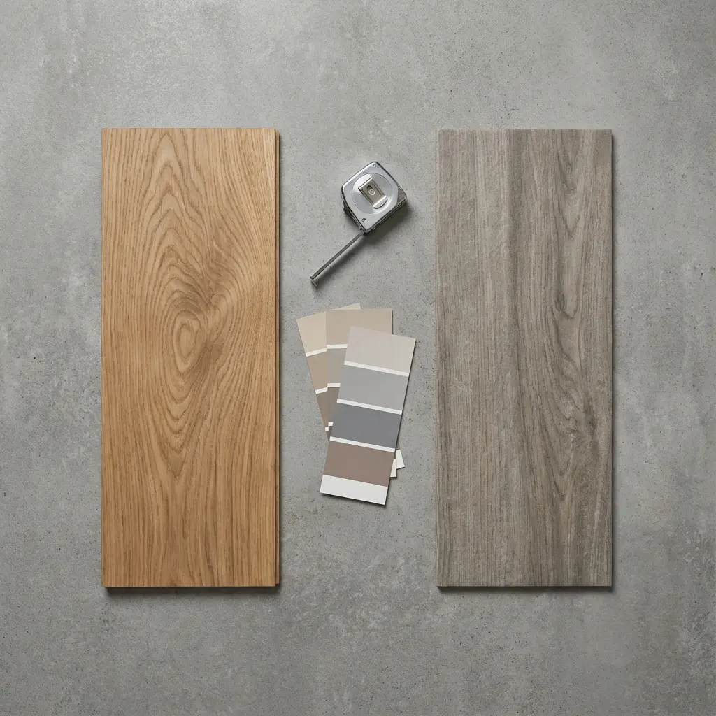 Flat lay materiałów do projektowania wnętrz: deska z naturalnym brązem, szarawa deska, próbki beżu, szarości, taupe, miarka srebrna na tle betonu