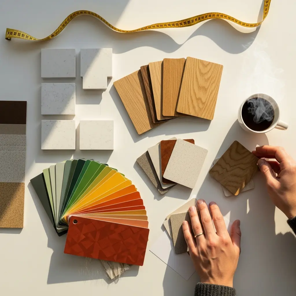 This flat lay composition captures an interior designer or homeowner