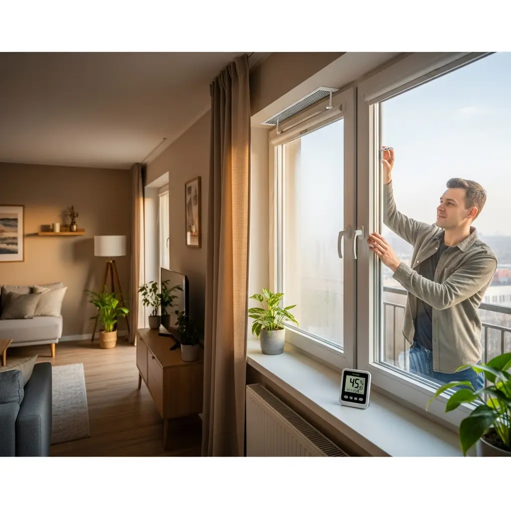 Młody mężczyzna otwiera duże okno w jasnym nowoczesnym salonie mieszkania, termometr 45°C 58% na parapecie z roślinami, grzejnik, kratka wentylacyjna, przytulna sofa
