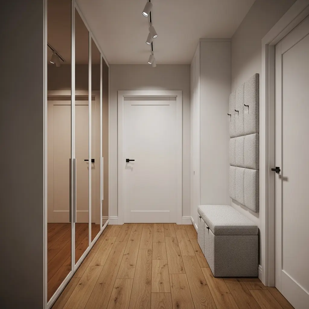 Jasny nowoczesny minimalistyczny korytarz z szafą lustrzaną od podłogi do sufitu, oświetleniem szynowym, tapicerowaną ławką ze schowkami, białymi drzwiami i jasną podłogą drewnianą