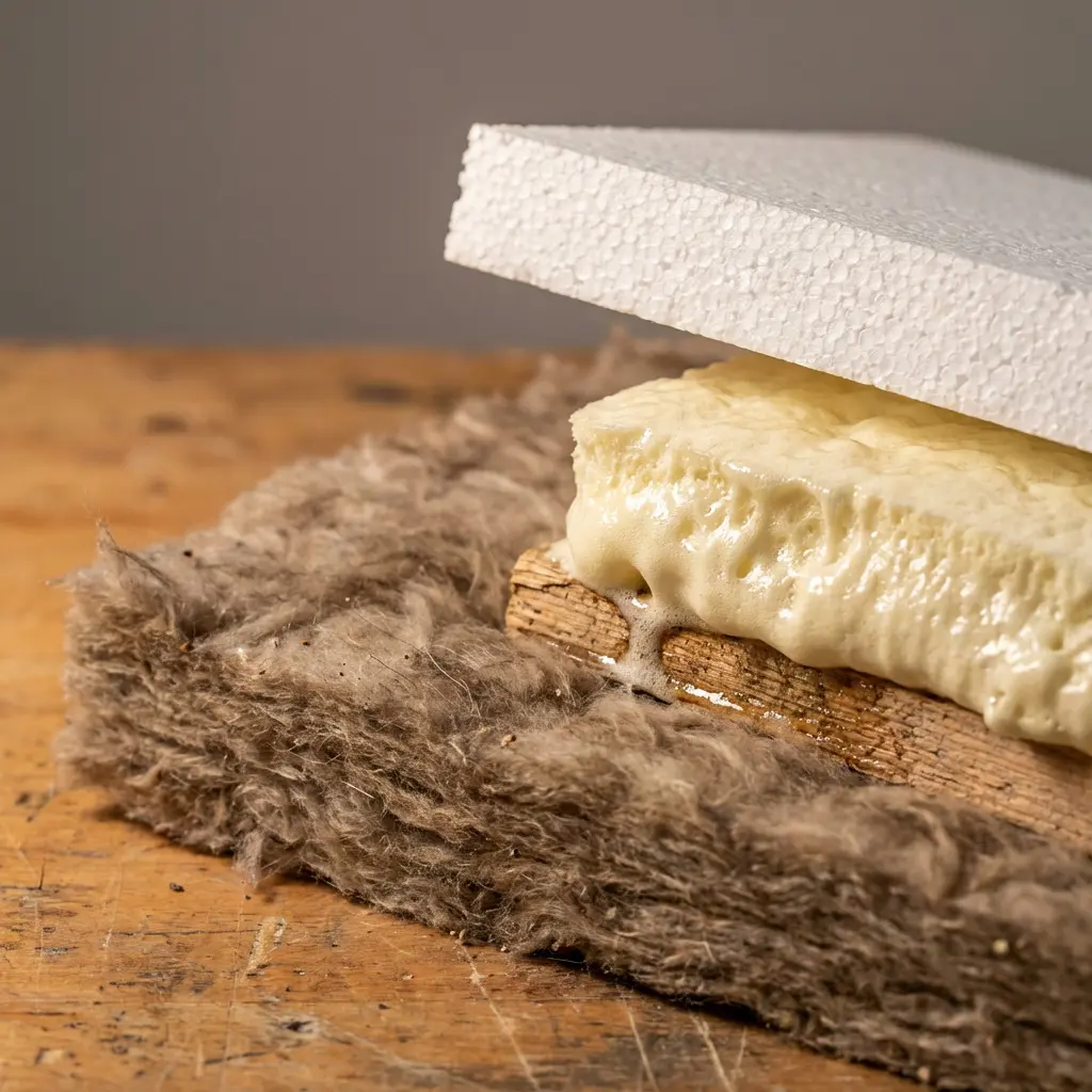 Makro zdjęcie warstwowych materiałów izolacyjnych na rustykalnym drewnianym blacie: brązowa włóknista wełna, żółta pianka PUR na drewnie, biały styropian