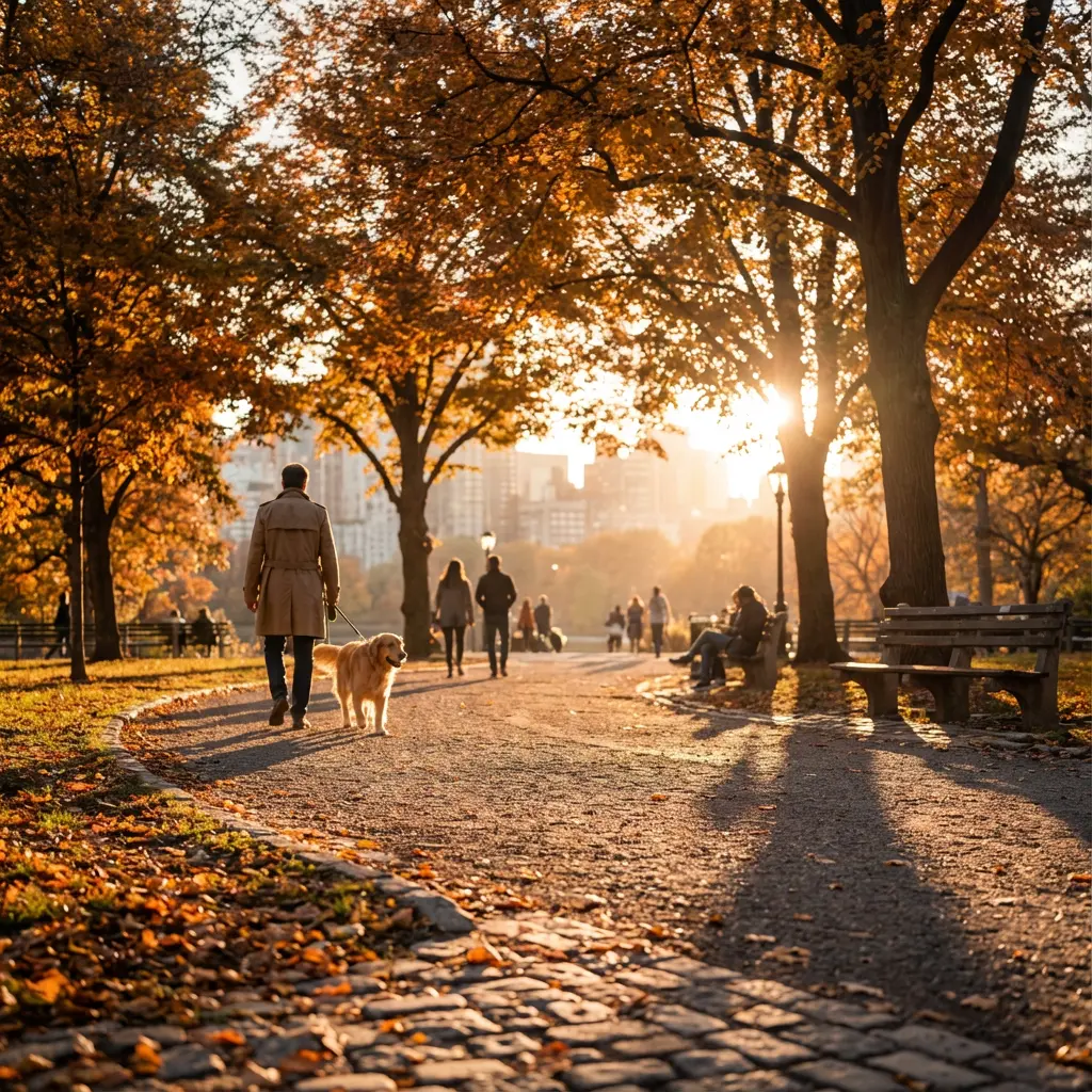 Spokojna jesienna scena w miejskim parku podczas złotej godziny: mężczyzna w płaszczu spaceruje z golden retrieverem po ścieżce z opadłymi liśćmi, kolorowe drzewa, ludzie na ławkach
