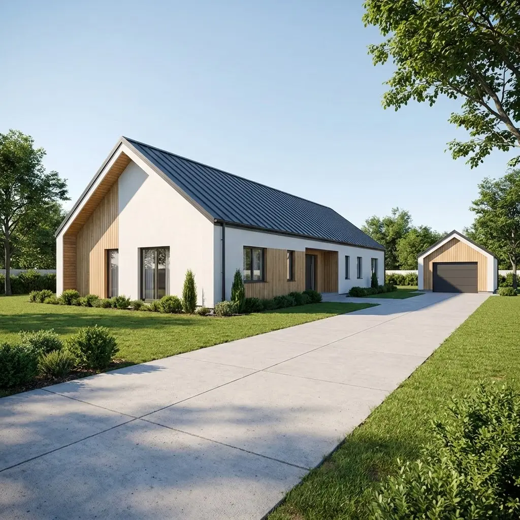 Współczesny parterowy dom ze stromym ciemnym metalowym dachem, białą elewacją, drewnianą okładziną, betonowym podjazdem, zielonym trawnikiem, garażem wolnostojącym, słoneczny dzień
