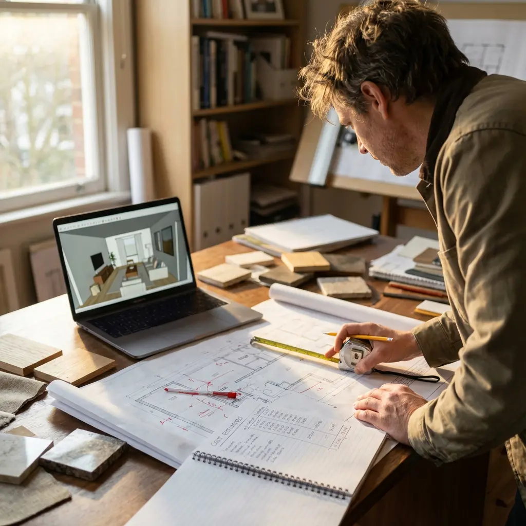 Skoncentrowany architekt przy drewnianym biurku analizujący plan budowlany z miarką, ołówkiem i laptopem pokazującym rendering 3D salonu wśród próbek materiałów