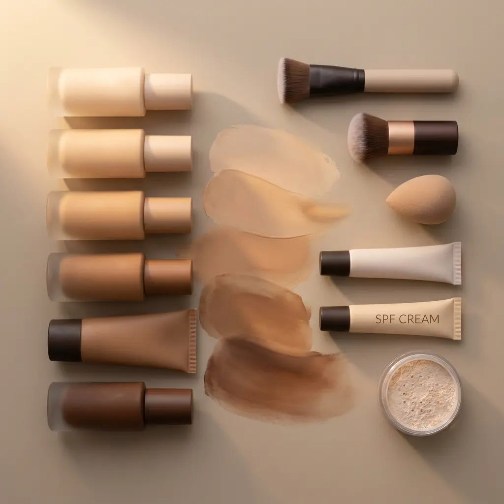 Płaska aranżacja butelek podkładów w gradiencie odcieni skóry z próbkami, pędzlami do makijażu, gąbeczką beauty blender, kremem SPF i sypkim pudrem na neutralnym tle