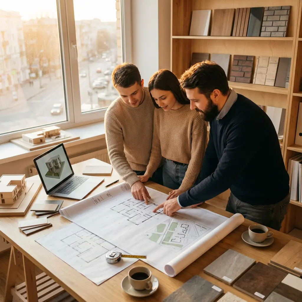 Architekt i para klientów przeglądający plany architektoniczne na drewnianym biurku w nasłonecznionym studio z modelami 3D i próbkami materiałów