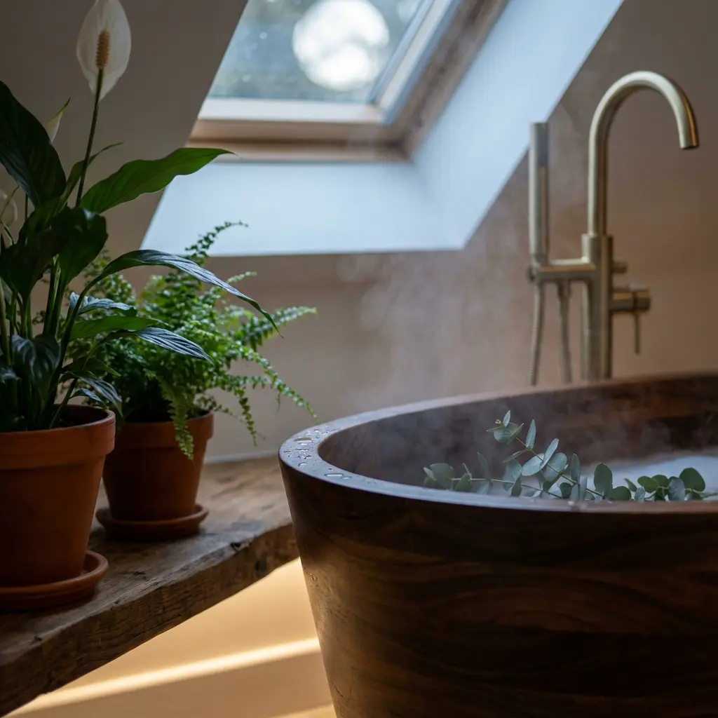 Spokojna łazienka spa z ciemną drewnianą wanną napełnioną parującą wodą, pływającym eukaliptusem, rustykalną półką z doniczkami lilii pokojowej i paproci