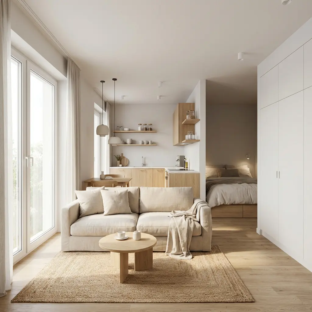 Jasna kawalerka open space w minimalistycznym stylu, beżowa sofa na macie jutowej, kompaktowa kuchnia, alkowa sypialniana i naturalne światło