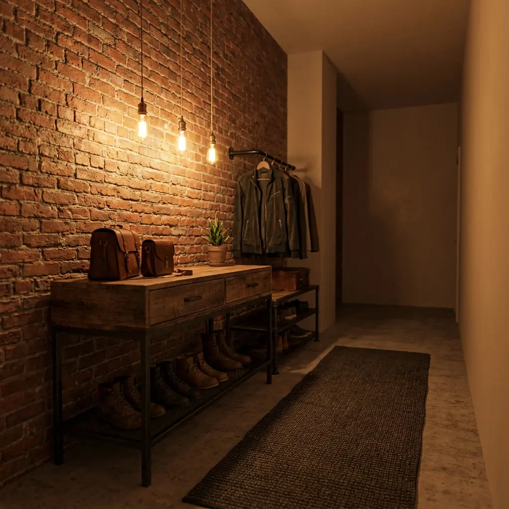Przytulny przedpokój z odkrytą czerwoną ścianą ceglaną, lampami wiszącymi vintage, rustykalnym stołem konsolowym, torbami skórzanymi, doniczką, butami, wieszakiem i chodnikiem