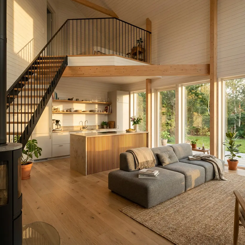 Jasny przestronny salon otwarty w stylu skandynawskim z czarnymi schodami na loft, piecem na drewno, wyspą kuchenną, modułową sofą i dużymi oknami na zieleń