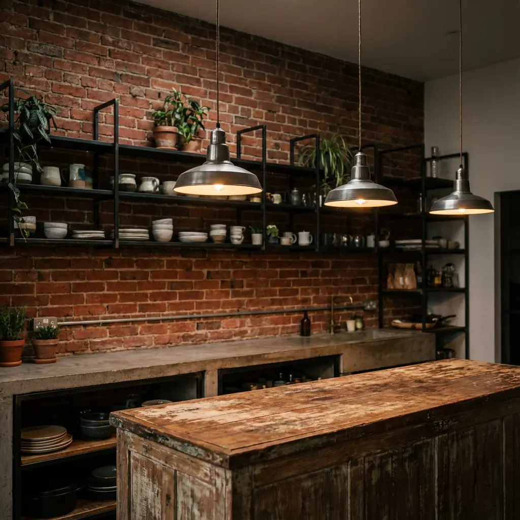 Stylowa rustykalna kuchnia industrialna z odkrytą czerwoną ścianą ceglaną, czarnymi metalowymi półkami, wiszącymi lampami, ceramicznymi naczyniami, doniczkami, wyspą z postarzonego drewna i betonowym blatem