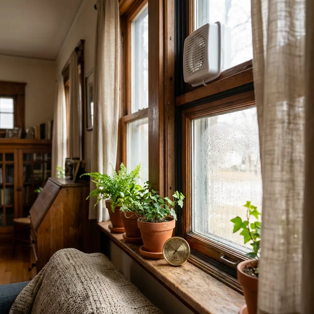 Przytulna drewniana parapet okienny z zielonymi roślinami w doniczkach terrakotowych, higrometrem na 85% wilgotności, kropelkami kondensacji i wentylatorem