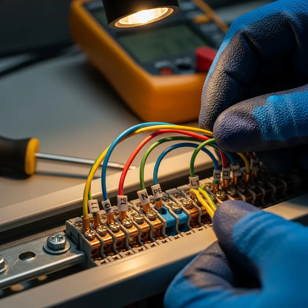 Zdjęcie z bliska elektryka w niebieskich rękawicach podłączającego żółte, niebieskie, czerwone, zielone przewody do zacisków śrubowych oznaczonych L1, L2, L3, N, PE na szynie DIN