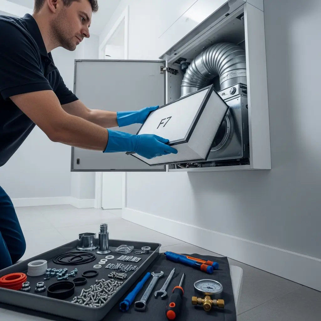 Technik w niebieskich rękawicach ochronnych wymienia biały filtr powietrza F7 w ściennej jednostce HVAC, narzędzia na podłodze we współczesnym wnętrzu