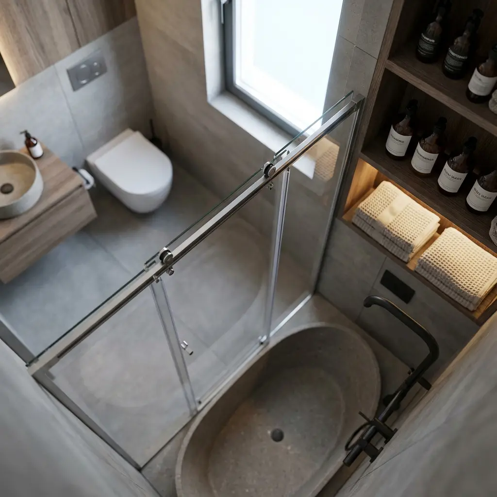 Widok z góry na minimalistyczną nowoczesną łazienkę z wiszącą drewnianą szafką, kamienną wanną, szklanymi drzwiami prysznica i drewnianymi półkami z ręcznikami