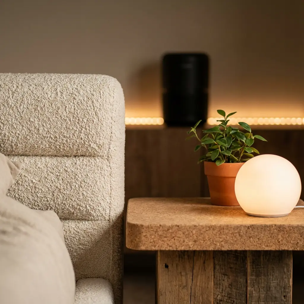 Przytulny kącik salonu z kremowym tapicerowanym fotelem, rustykalnym stolikiem z blatem z korka, doniczką z zielonymi liśćmi i świecącą kulistą lampą przy ciepłym oświetleniu LED