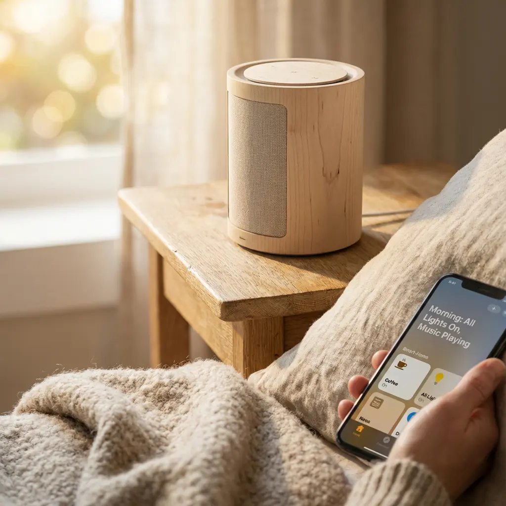Przytulna poranna scena w domu: drewniany inteligentny głośnik na rustykalnym stoliku, osoba w dzianinowym kocu używająca smartfona z aplikacją Apple Home do świateł, muzyki, kawy