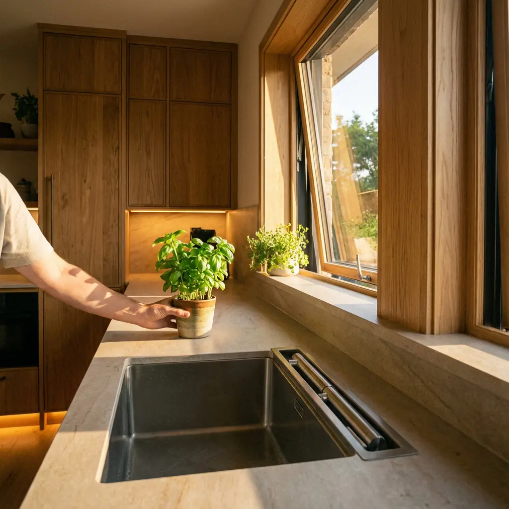 Bliski plan liniowego oświetlenia LED podszafkowego oświetlającego teksturowaną jasną płytkę kamienną na backsplash z efektem bokeh w tle
