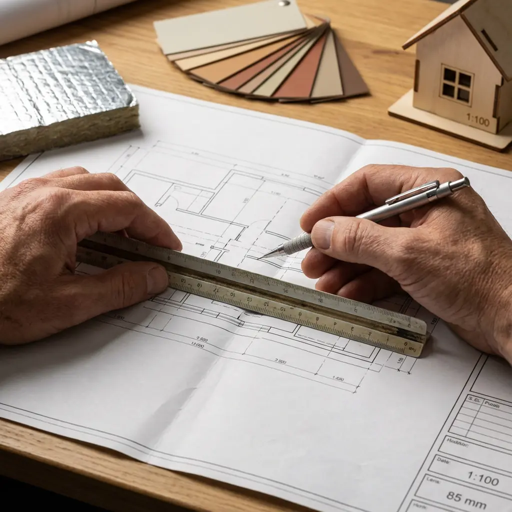 Mężczyzna rysuje линійкę na białych planach architektonicznych, otoczony próbkami materiałów, modelem domu i paletą kolorów na drewnianym biurku.