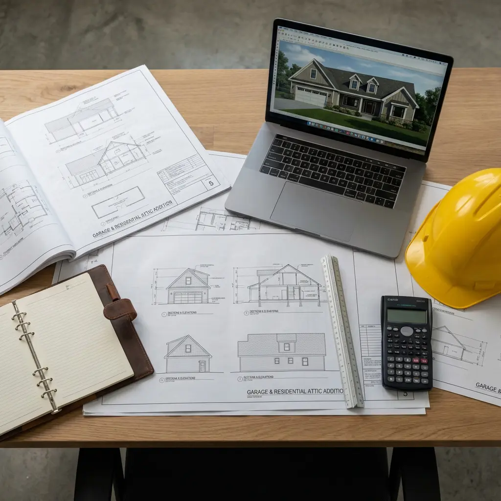 Widok z góry na przestrzeń roboczą architekta na drewnianym biurku z renderingiem 3D domu na laptopie, planami garażu i poddasza, miarką, kalkulatorem, kaskiem