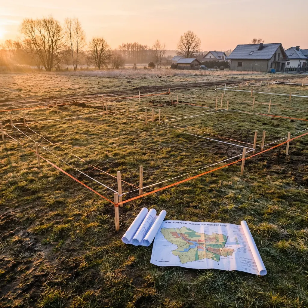 Złota godzina na wiejskim polu trawiastym z wyznaczonym fundamentem budynku, kołkami drewnianymi, sznurami, zwiniętymi planami w tym planem zagospodarowania przestrzennego gminy, domy i drzewa w tle