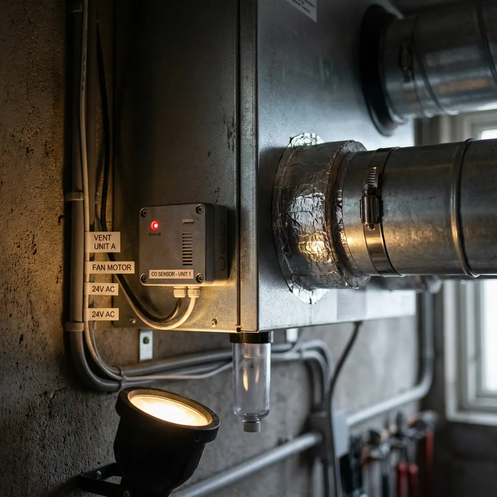 Przemysłowy system HVAC w pomieszczeniu technicznym z metallicznymi kanałami, ocynkowanymi rurami, czujnikiem CO z czerwoną lampką, przewodami na betonowej ścianie, reflektor