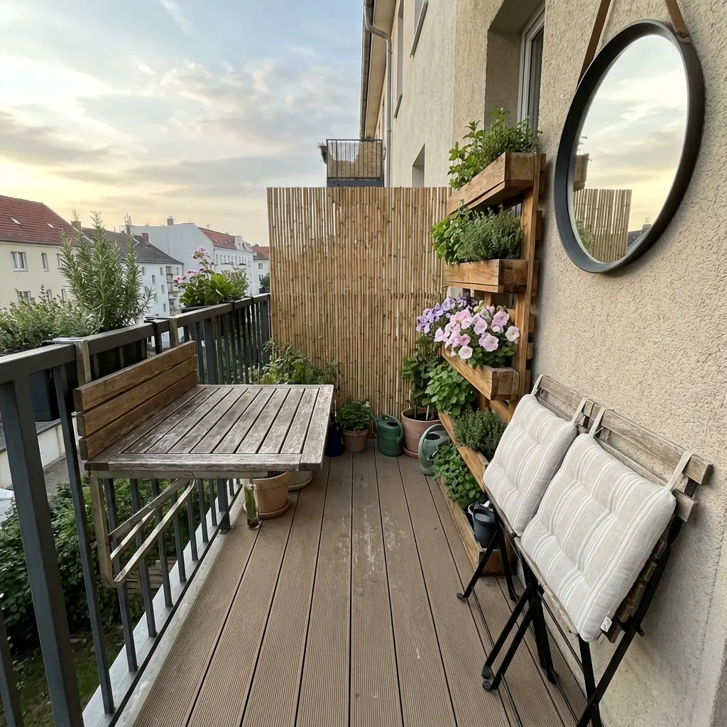 Przytulny miejski balkon z drewnianym stolikiem składanym, wertykalnym ogrodem z ziołami i petuniami, krzesłami z poduszkami, lustrem i widokiem na miasto pod pochmurnym niebem