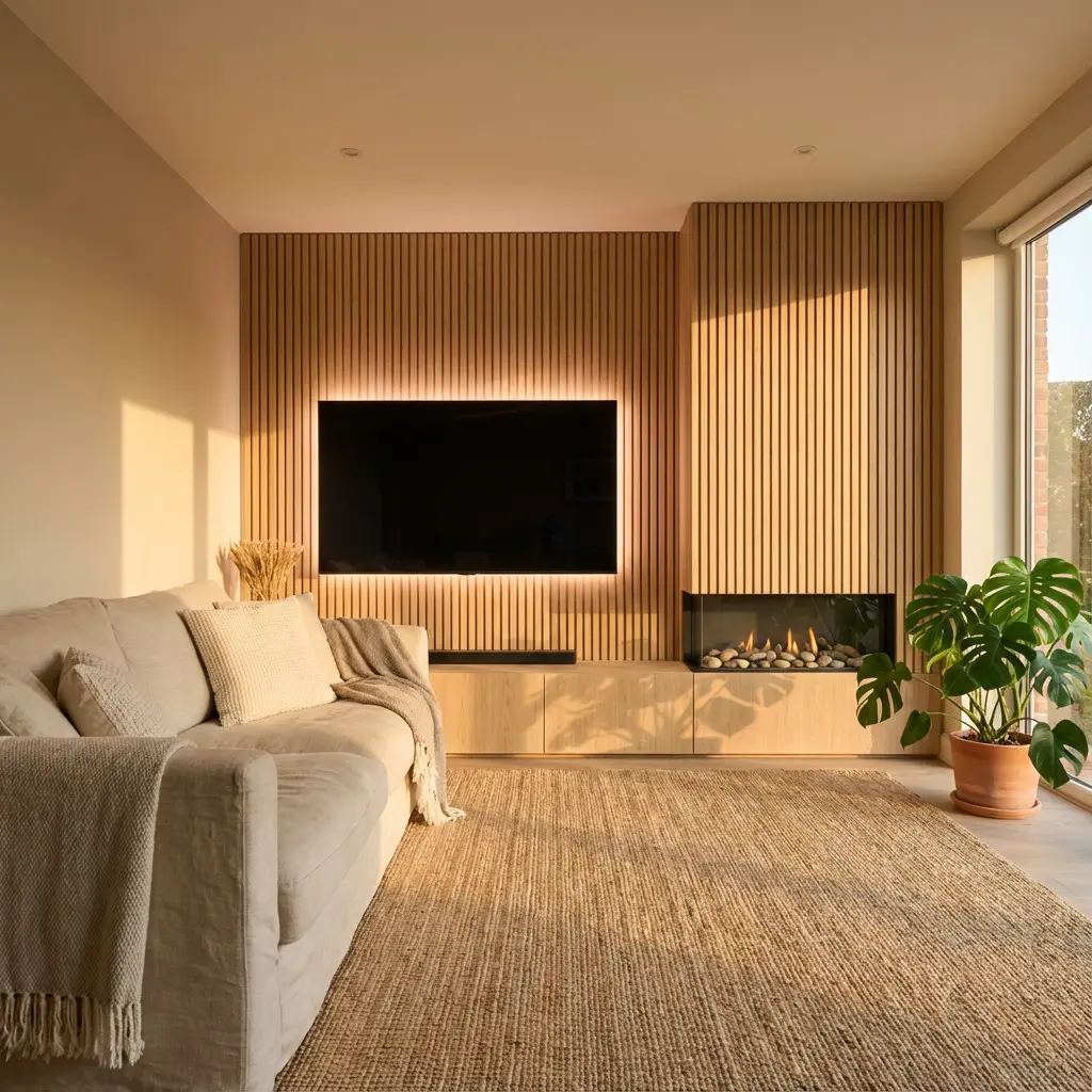 Nowoczesny przytulny salon w ciepłym naturalnym świetle z lnianą sofą, ścianą z drewnianych lameli, podświetlanym TV, konsolą medialną, kominkiem gazowym, monstera i dywanem z włókien naturalnych